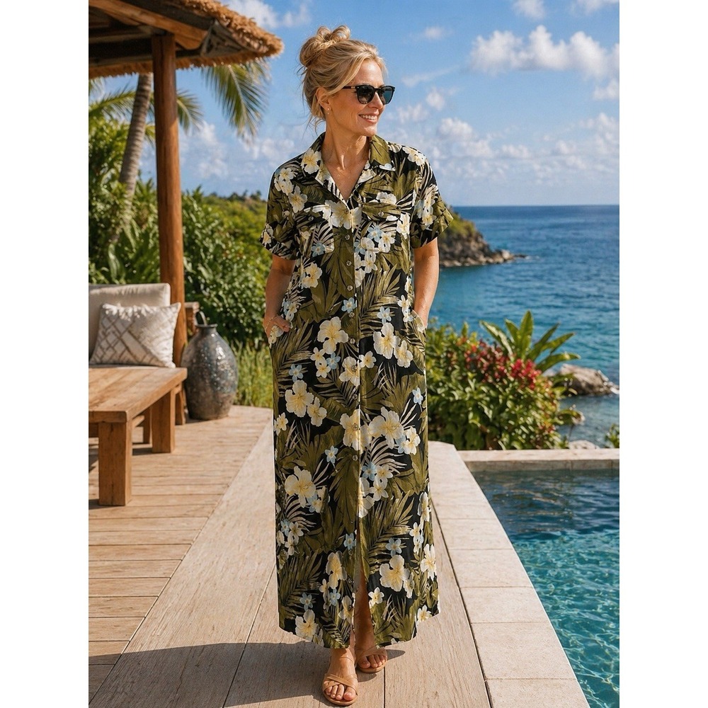 Bahama Beach Dress SZ M Womens Green Black Hawaiian Resort Wear Tropical HH44